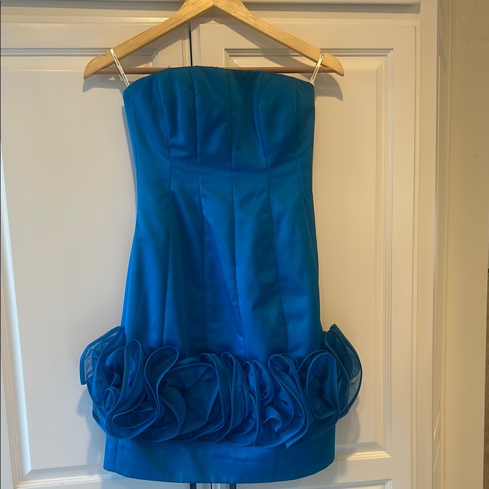 Blue Couture Strapless Sheath Cocktail Dress
